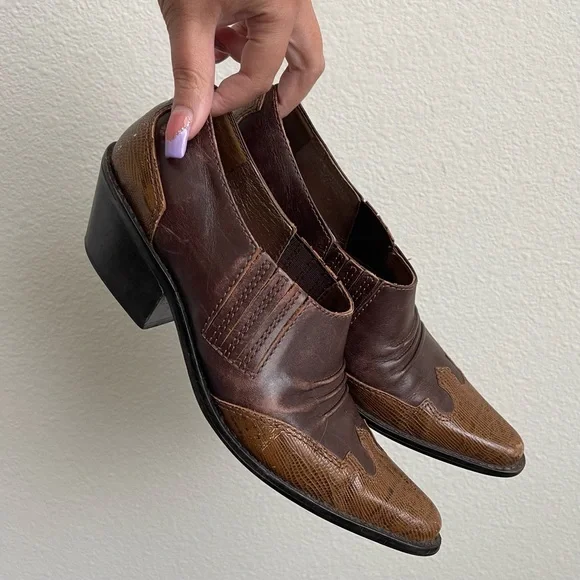 MATISSE Vintage Brown Leather Western Pointed Toe Slip On Heel Mule Ankle Boots - Picture 1 of 13